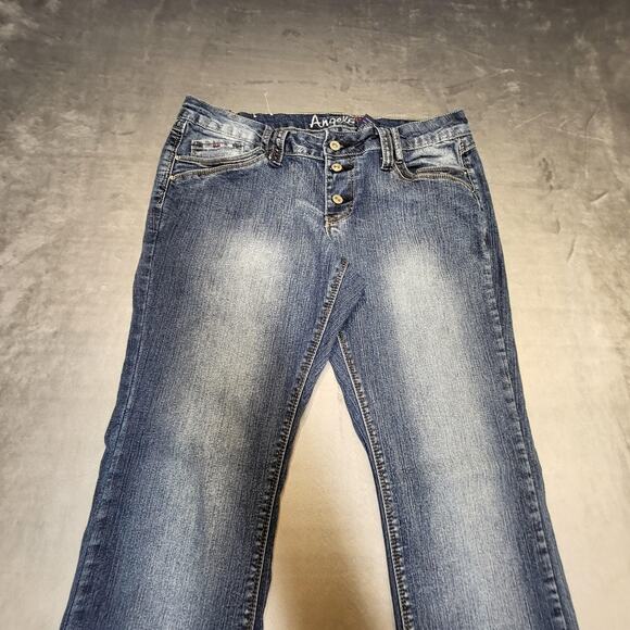 Angels Jeans Womens 11 Regular Blue Bootcut Low Rise Triple Button Front Stretch - Picture 2 of 10